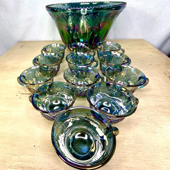 Vintage Blue Carnival Glass Grape Harvest Punch Bowl With 12 Cups